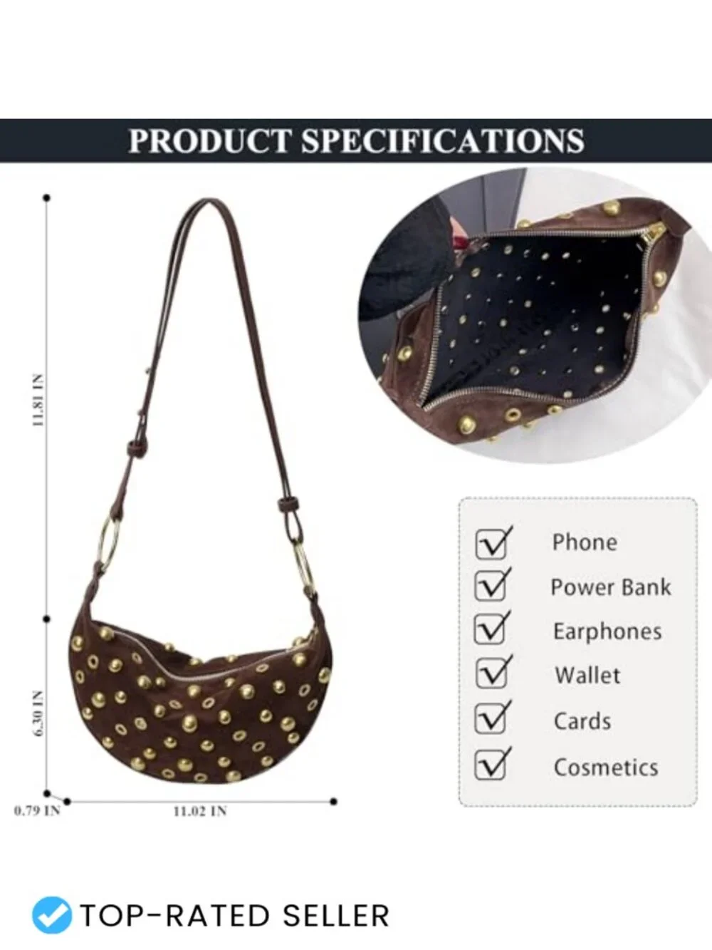 Studded Hobo Bag Faux Suede Crescent Shoulder Purse Women